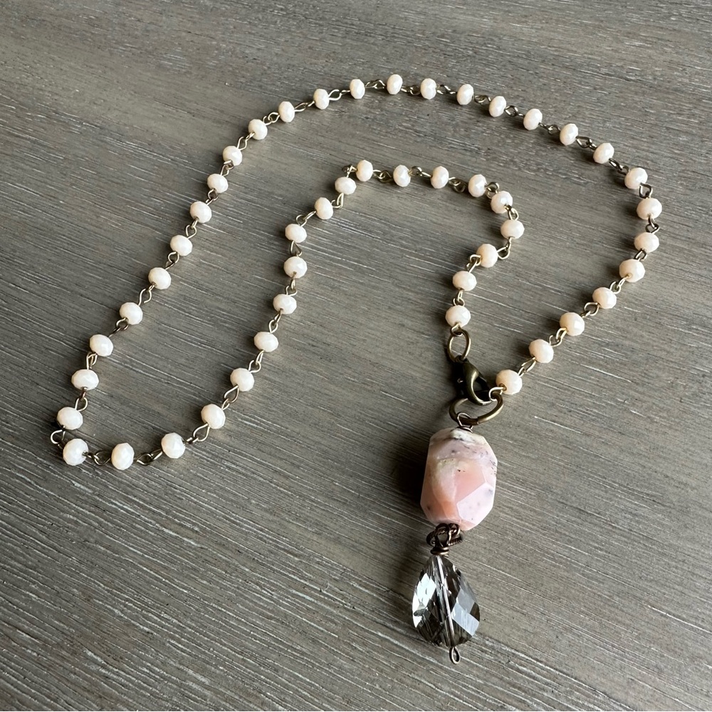 Cream, Pink and Brass Crystal Necklace
